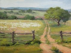 an oil painting of a dirt road leading to a field with white flowers and trees