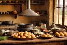 a table topped with bowls filled with food next to pots and pans full of food