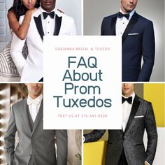 a collage of men in tuxedos with the text faq about prom tuxedos