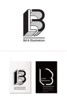 the logo for bd & illustration is shown in three different colors and font styles