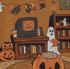 a halloween scene with pumpkins, jack - o'- lanterns and a tv