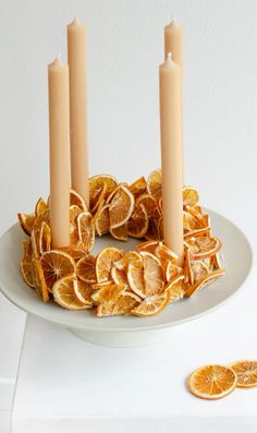 orange slices and candles are arranged on a plate