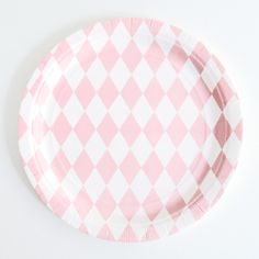 a pink and white checkered paper plate