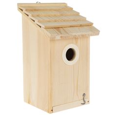 a wooden birdhouse with the door open