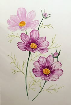 three pink flowers with green stems on a white background, painted in pastel pencil and watercolor