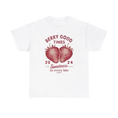 "Celebrate the sweet moments with our 'Berry Good Times' t-shirt! Featuring an adorable strawberry graphic and the phrase 'Sweetness in Every Bite,' this unisex tee is perfect for anyone who loves to embrace the joys of life. Made from high-quality, soft cotton, this t-shirt offers comfort and style for everyday wear. Whether you're out for a casual day or looking for a unique gift, this tee is sure to bring a smile to your face. Get ready to enjoy 'Berry Good Times' in 2024!" Red Crew Neck T-shirt, Sweet White T-shirt With Graphic Print, Red Sweet Crew Neck T-shirt, Sweet Style Red Crew Neck T-shirt, Sweet Strawberry Print Crew Neck T-shirt, Sweet Red Short Sleeve T-shirt, Sweet Strawberry Print Short Sleeve T-shirt, Shirt Concept, Strawberry T Shirt