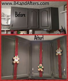 before and after pictures of kitchen cabinets with christmas decorations on the front, bottom and bottom