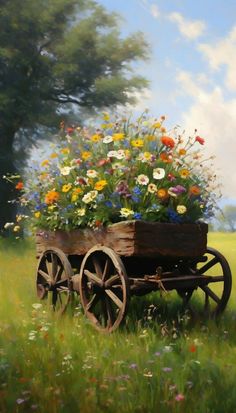 a painting of a wagon full of flowers in the grass with trees in the background