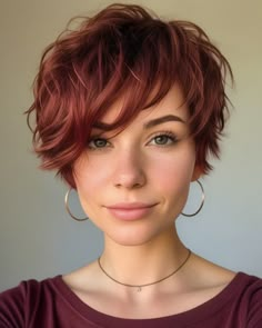 Red Long Pixie Haircut, Dark Copper Pixie Hair, Pixie Burgundy Hair, Funky Bob Haircut, Youthful Hair Color, Colored Pixie Haircut, Nye Hairstyles Short Hair, Strawberry Blonde Pixie Haircut, Short Hairstyles Color Ideas