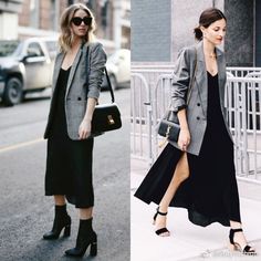 Long Blazer With Dress Outfit, Oversize Blazer With Dress, Blazer And Slip Dress Outfit, Midi Dress With Blazer Outfits, Black Dress Grey Blazer, Maxi Dress With Blazer Outfit, Oversized Grey Blazer Outfits, Black V-neck Blazer Dress For Fall, Fall Workwear A-line Blazer Dress