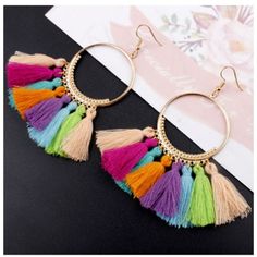 Boho Rainbow Gold Hoop Tassel Earrings Perfect Addition To Any Boho Chic Outfit. Bundle 3 Items And Save On Shipping! Big Dangle Earrings, Piercing Tragus, Bohemian Handmade, Dangle Hoop Earrings, Fashion Creative, Tassels Fashion, Costume Jewelry Earrings, Tassel Drop Earrings, Large Hoop Earrings