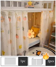 there is a small child's bed with curtains on the top and bottom bunk