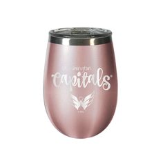 a pink wine glass with the words cowboys on it and a star in the middle