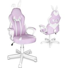 two office chairs with bunny ears on them, one is purple and the other is white