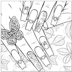 a coloring page with nails and bows on the nail polishing salon's manies