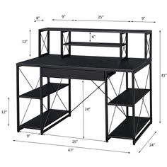 a desk with two shelves and one shelf on the bottom, measurements for each shelf