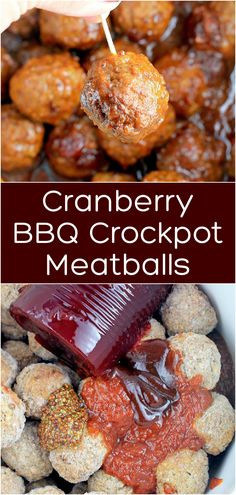 cranberry bbq crockpot meatballs with sauce being drizzled over them