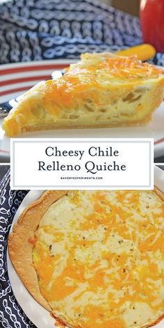 cheesy chile relleno quiche on a plate with an apple in the background