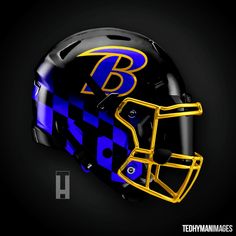 a helmet with the letter b on it is shown in blue and yellow checkerboard