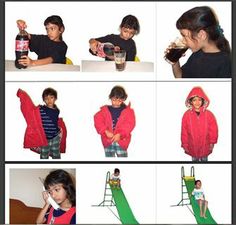 a collage of photos showing children playing with toys