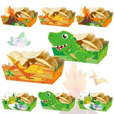 an assortment of food items including chips, tortilla shells and a green dinosaur