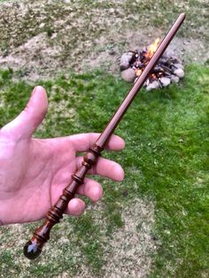 a hand holding a long wooden stick in front of a campfire on the grass