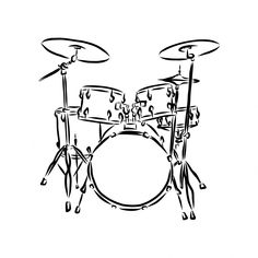 a black and white drawing of a drum set