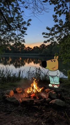 a cartoon character sitting next to a campfire in the woods at night with a lake behind it