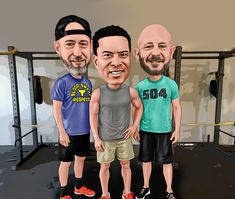 Three Guys In The Gym Caricature Portrait Caricature Drawer, Family Caricatures, Group Caricature, Friends Hanging Out, Caricature Artist, Caricature Drawing, Three Boys, 3 Boys, Three Friends