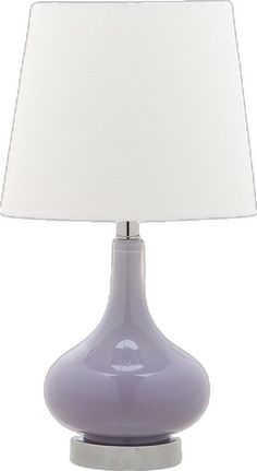 a purple lamp with a white shade on it