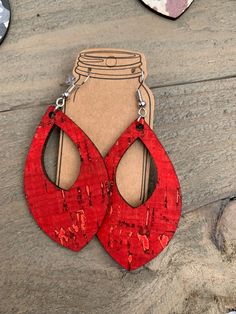 Red Cork Teardrop Earring - Jill's Jewels | Unique, Handcrafted, Trendy, And Fun Jewelry Cork Earrings, Fabric Earrings, Cork Fabric, Paper Jewelry, Wooden Earrings, Felting Projects, Earring Backs, Teardrop Earrings, States Of America