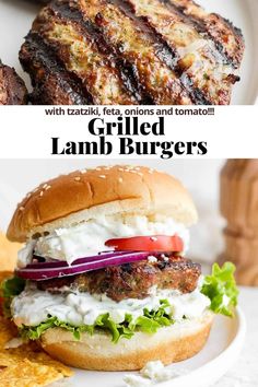 grilled lamb burgers with tasty feta, onion and tomato on top