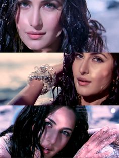 an image of a woman that is in three different pictures, one with water on her face and the other with long hair