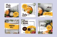 four square banners with different food items