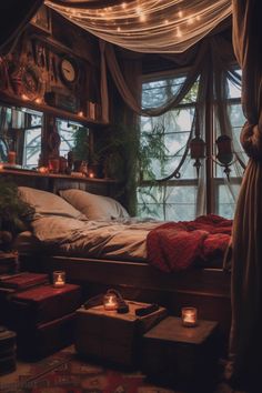 a bed sitting under a window covered in lights