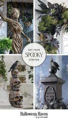 various halloween decorations with the words get your spooky started