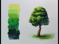 two trees are painted in different shades of green