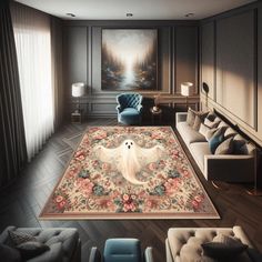 a living room filled with furniture and a rug on top of the floor in front of a painting