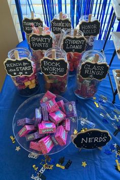 a table topped with lots of candy and snacks