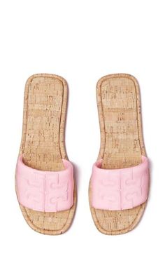 A sleek leather slide accented by Tory's signature double-T logo is ready to upgrade your warm-weather style. Leather upper and lining/rubber sole Imported Shoes For Sports, Women Summer Shoes, Europe Summer Shoes, Cute Sandals Aesthetic, Trendy Things To Buy, Cute Sandals For Summer, Pink Tory Burch Sandals, Summer Wishlist, Summer Sandals