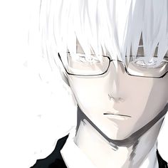 an anime character with white hair and glasses looking at the camera while he is staring straight ahead