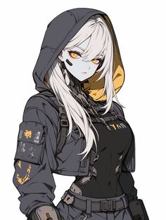 an anime character with long white hair and yellow eyes, wearing a hoodie jacket