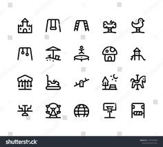 the set of playground icons is drawn in black and white on a white background, it includes