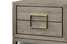 an image of a wooden nightstand with two drawers and gold pulls on the bottom drawer