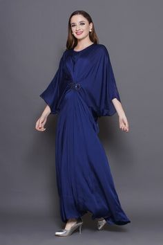 Blue draped maxi kaftan crafted in modal satin, organza with sequin-beads embellished patchwork on the waist and pleats detailing. - Aza Fashions Elegant Blue Kaftan For Formal Occasions, Elegant Flowy Kaftan For Party, Elegant Kaftan With Cape Sleeves For Party, Elegant Party Kaftan With Cape Sleeves, Silk Kaftan For Party, Silk Kaftan For Evening, Satin Maxi Length Evening Kaftan, Evening Satin Maxi Length Kaftan, Party Georgette Kaftan In Maxi Length