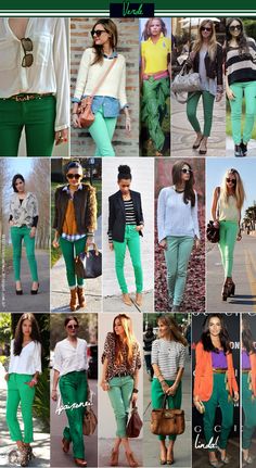 Green Trousers Outfit, Kelly Green Pants, Green Jeans Outfit, Mode Ab 50, Green Pants Outfit, Jeans Outfit Spring, Womens Outfit, Color Combinations For Clothes, Design Moda