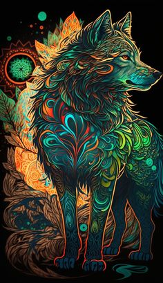 a colorful wolf standing in front of a black background with an orange and blue design on it