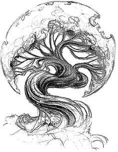 a drawing of a tree in the shape of a yin - yang symbol on a white background