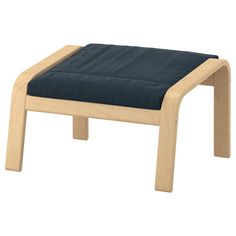 a wooden stool with a blue cushion on it's seat pad and wood legs