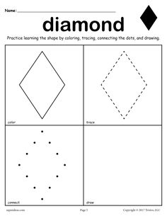 FREE Diamond Shape Worksheet: Color, Trace, Connect, & Draw! Shape Worksheet, Shape Worksheets For Preschool, Shapes Worksheet Kindergarten, Connecting Dots, Shape Tracing Worksheets, Shapes Kindergarten, Shapes Preschool, Activities For Preschoolers, Shapes Worksheets